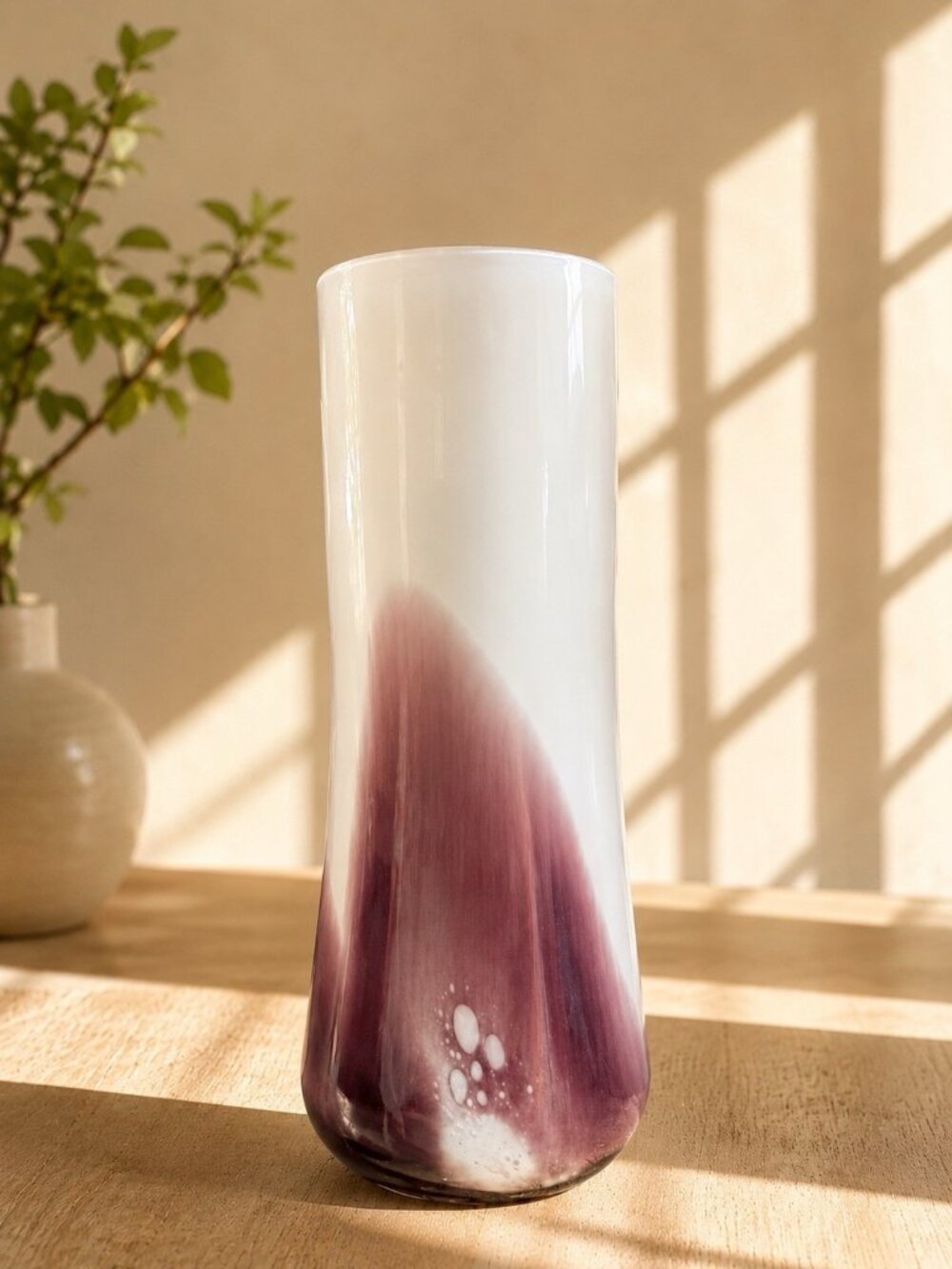 Hand Blown Art Glass Vase 12” White & Dark Purple Bubble Glass Vase Decor